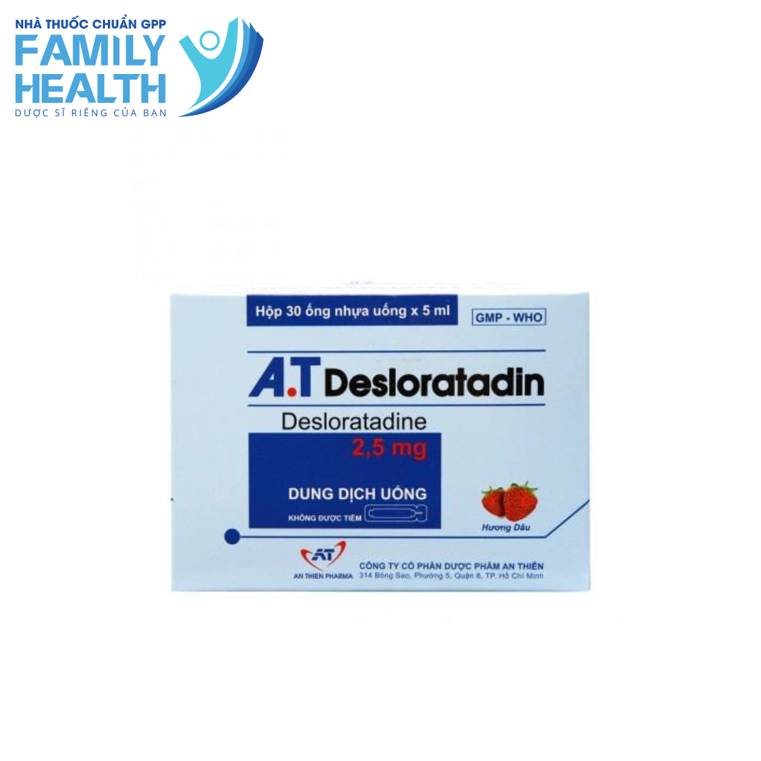 Dung dịch uống A.T Desloratadin trị viêm mũi, mề đay (30 ống x 5ml)